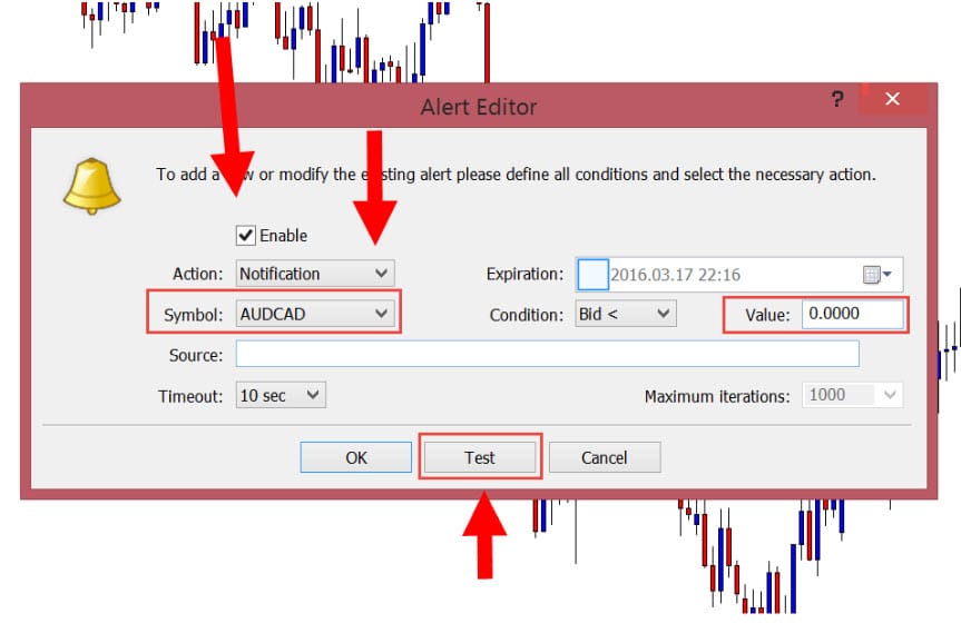 Using the MT4 alert editor